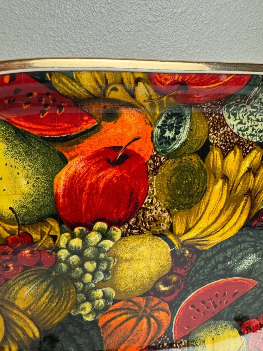 Vintage Mid Century Oval Serving Tray Fruit Still Life Gold Metal Rim Decor
